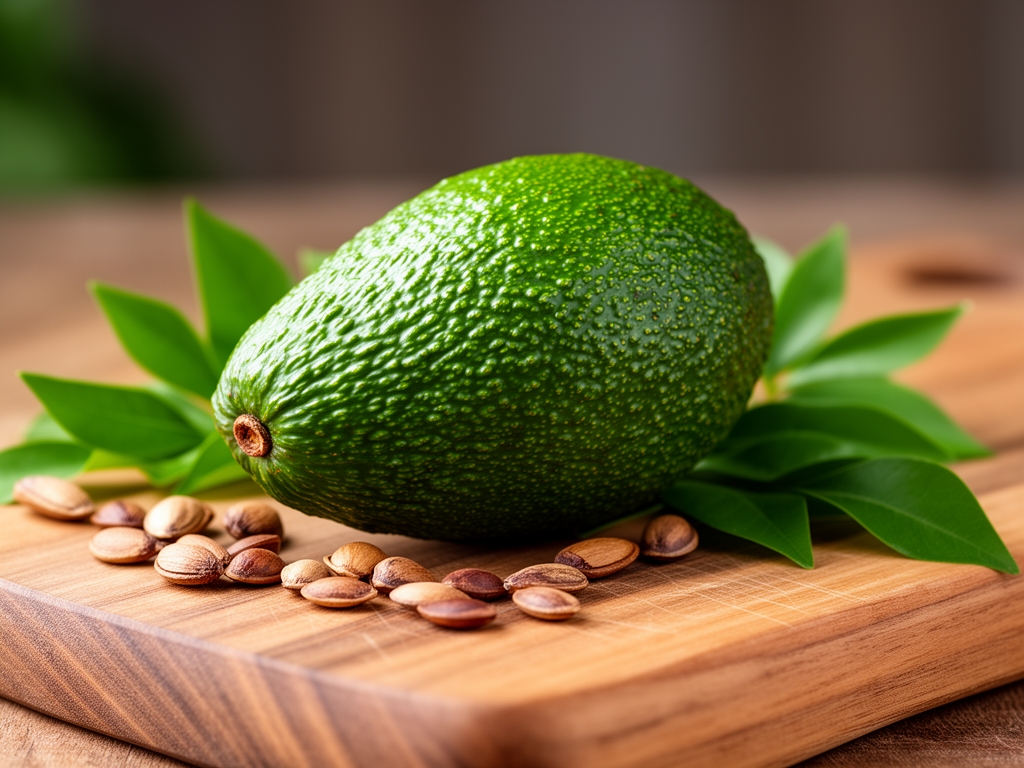 Bliska fotografija bogate teksture svežeg avokada prerezanog na pola koji leži na drvenoj dasci za sečenje, okružen semenima i zelenim lišćem
