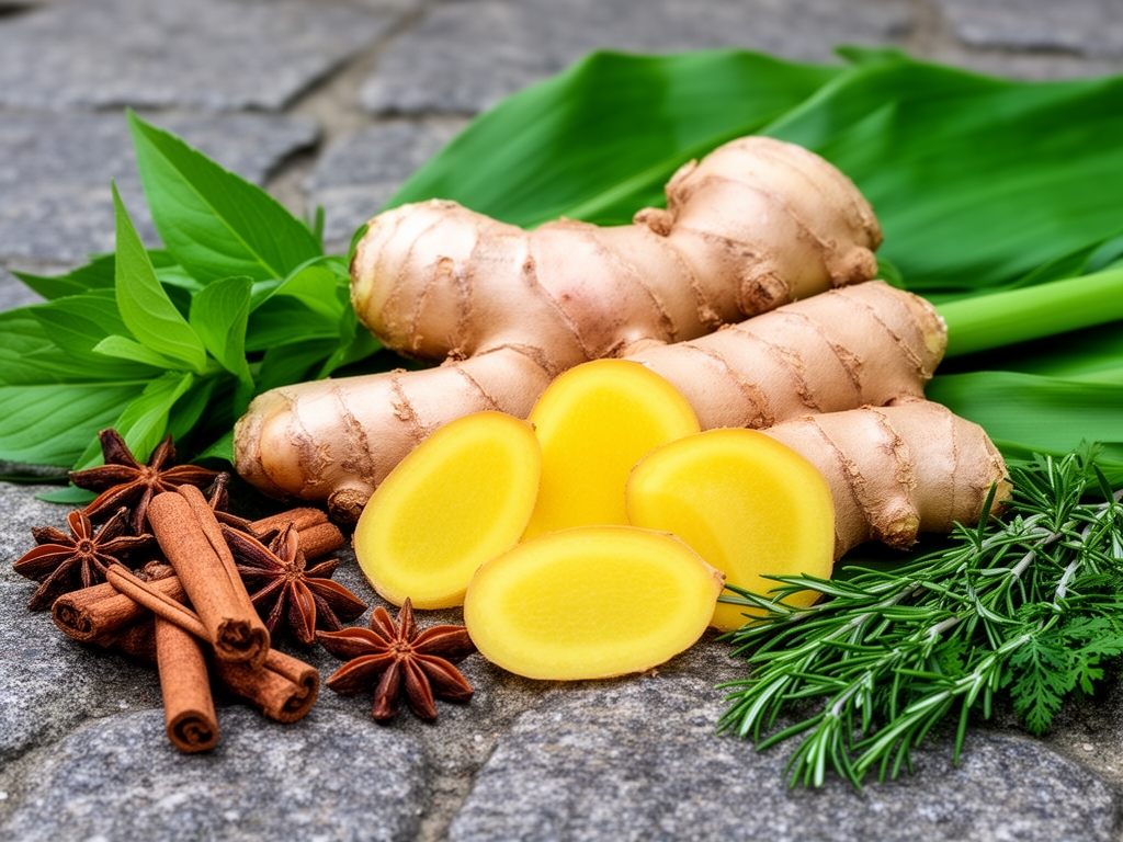 Svež koren đumbira sa živim žutim presekom okružen zelenim listovima đumbira i začinskim biljem na kamenom tlu