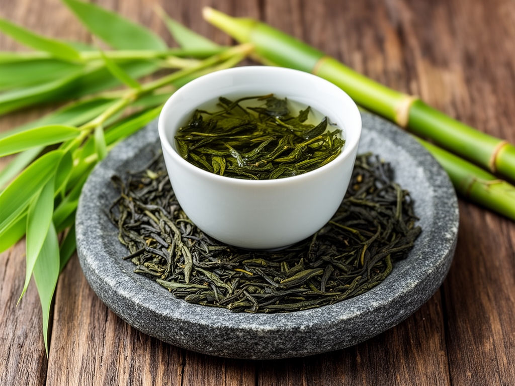 Šolja zelenog čaja sa listovima senča čaja ukopanim na kamenom tanjiru okruženom bambusovim listovima na drvenoj podlozi