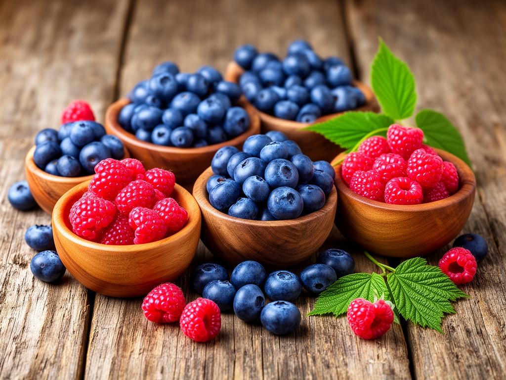 Raznobojne bobice i voće uključujući borovnice, maline i šipurak izloženi u malim drvenim zdjelicama na rustičnom stolu