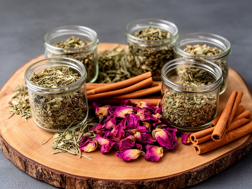 Razni suvi biljni čajevi i začini u malim staklenim posudama prikazani na drvenoj dasci sa suvim laticama ruže i cimetom