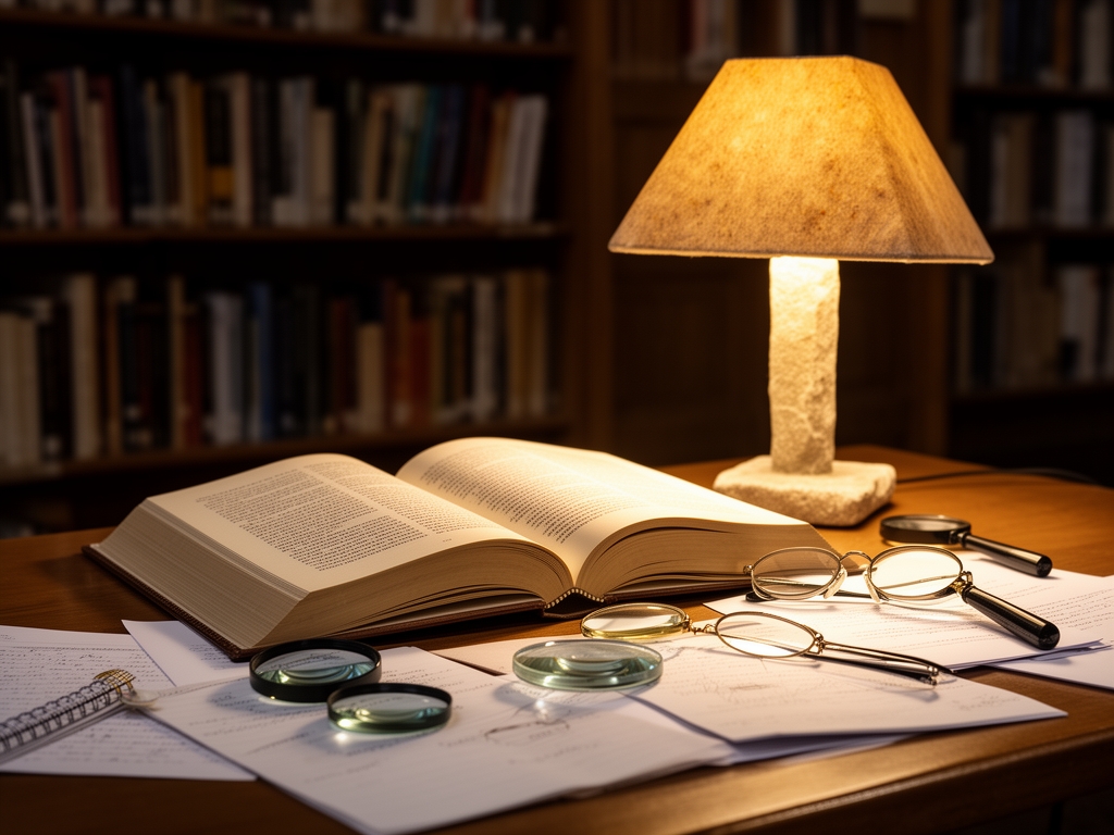 Otvorena knjiga na stolu u biblioteci sa toplim svetlom stone lampe koja osvetljava njene stranice, okružena lećama za povećanje i notesima