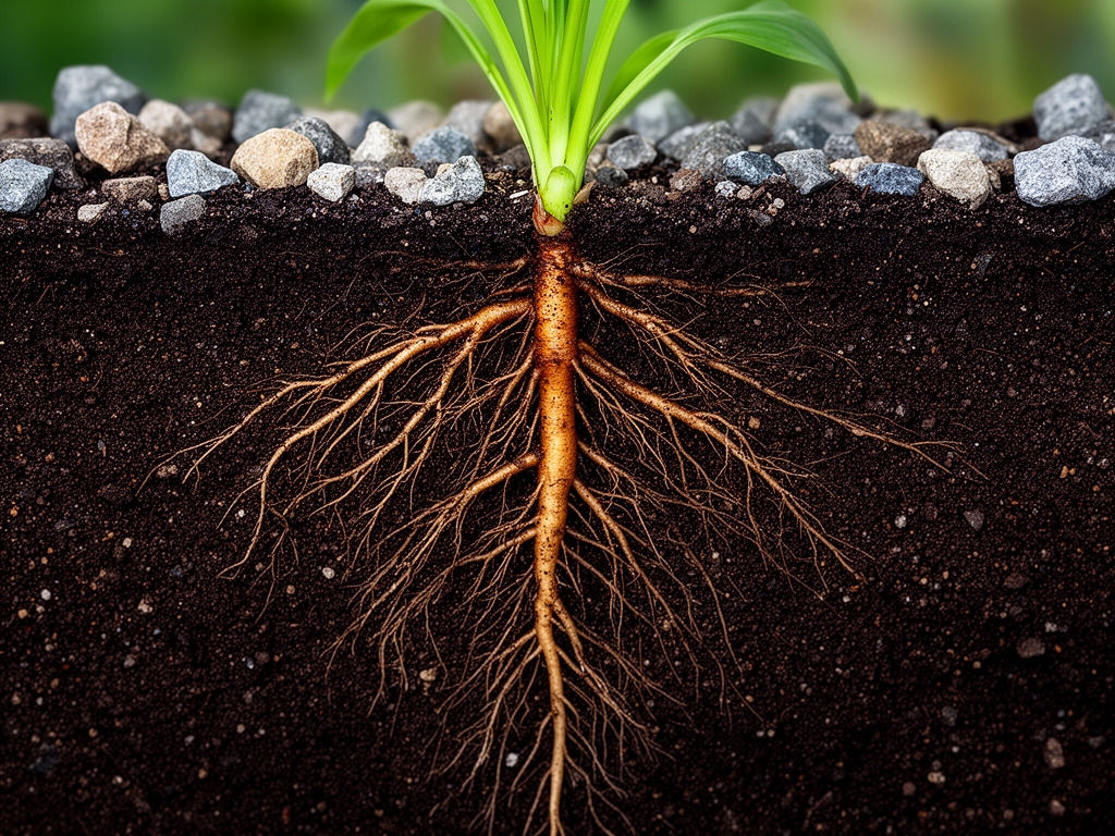 Makro fotografija sistema korenja biljke ispod zemlje, prikazujući razgranat korenski sistem u tamnom, vlažnom tlu okružen mineralima